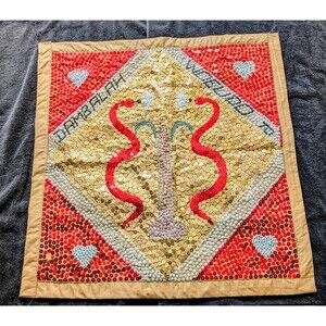 Vintage Haitian Vodou Flag– Damballah & Ayida Weddo– Hand-Beaded Sequin Folk Art